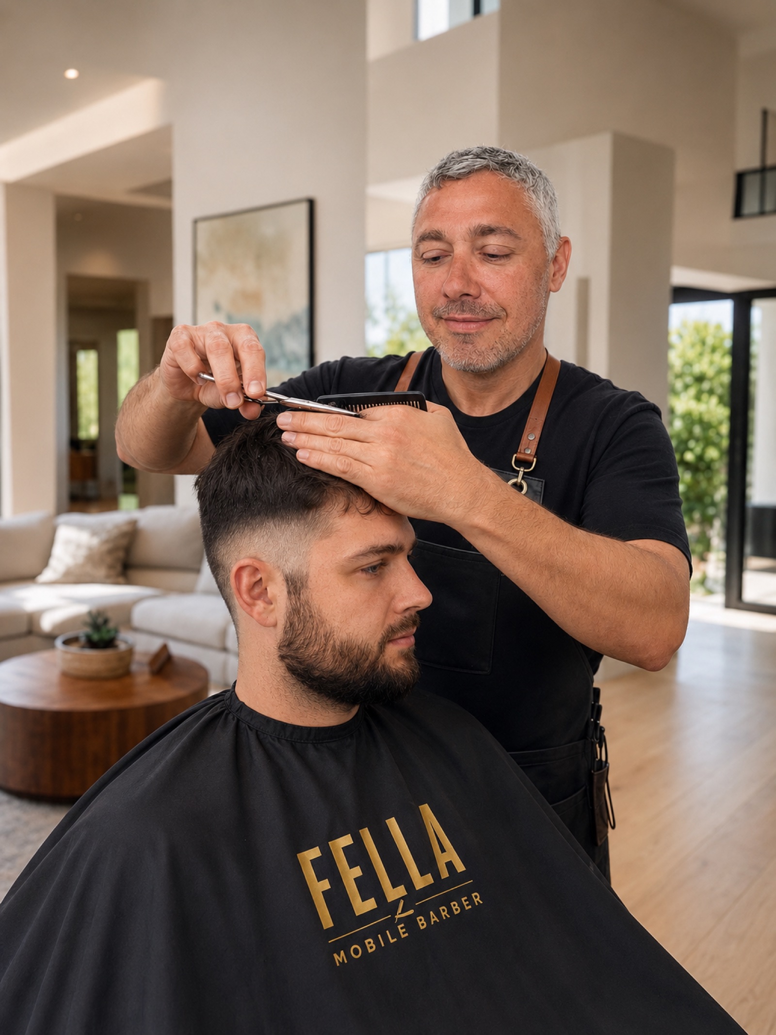Clayton Steele giving a client a precision haircut in the client's living room